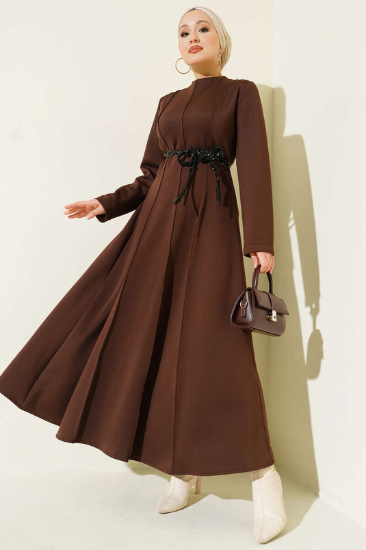Scuba Deri Kemerli Elbise Acı Kahve