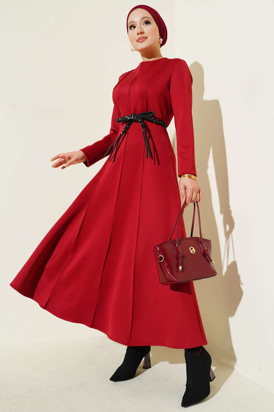 Scuba Leather Belted Dress Burgundy