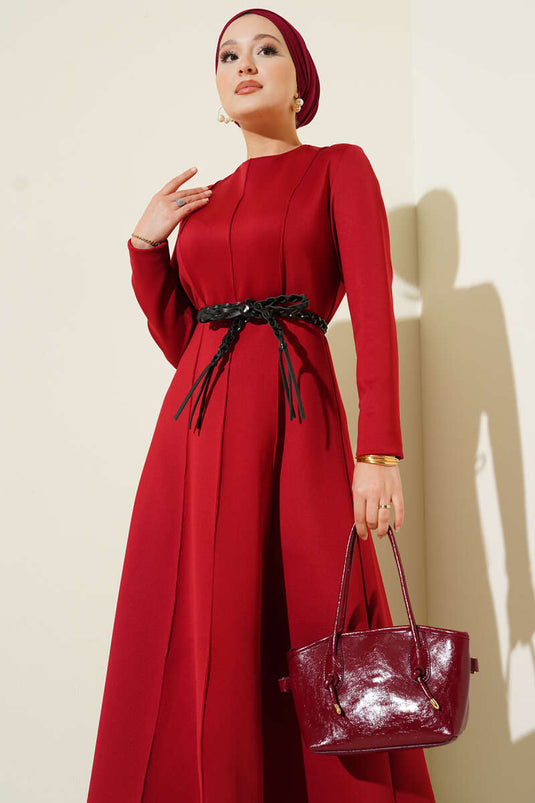 Scuba Leather Belted Dress Burgundy