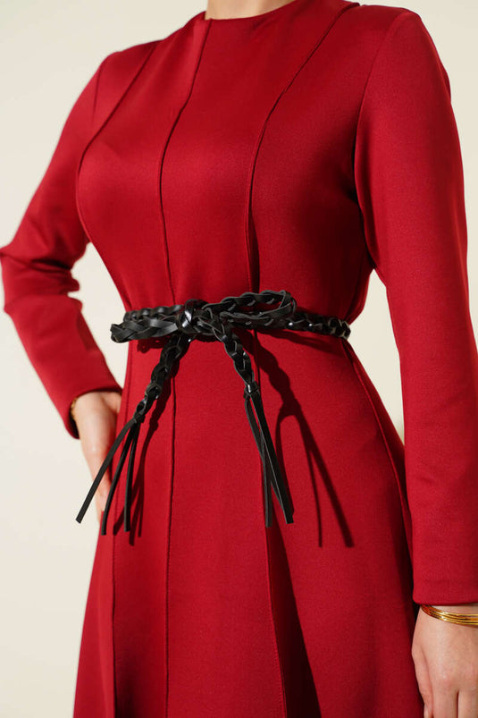 Scuba Leather Belted Dress Burgundy