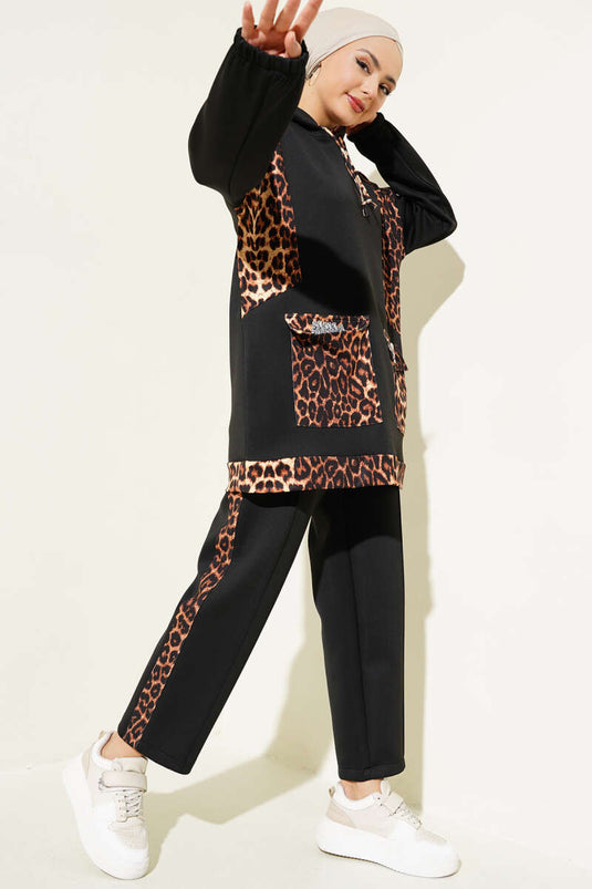 Scuba Leopard Print Stone Embellished Two-Piece Set Black