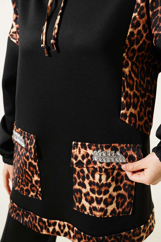 Scuba Leopard Print Stone Embellished Two-Piece Set Black