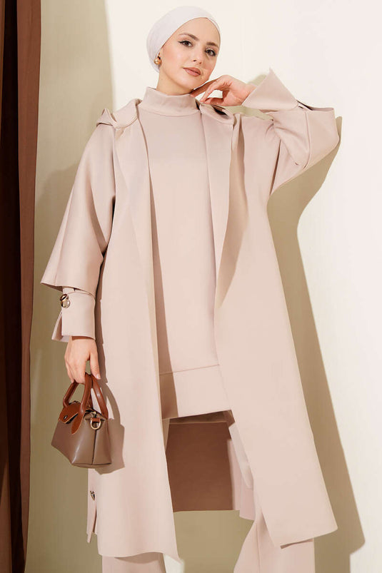 Scuba Long Cardigan Three-Piece Set Beige
