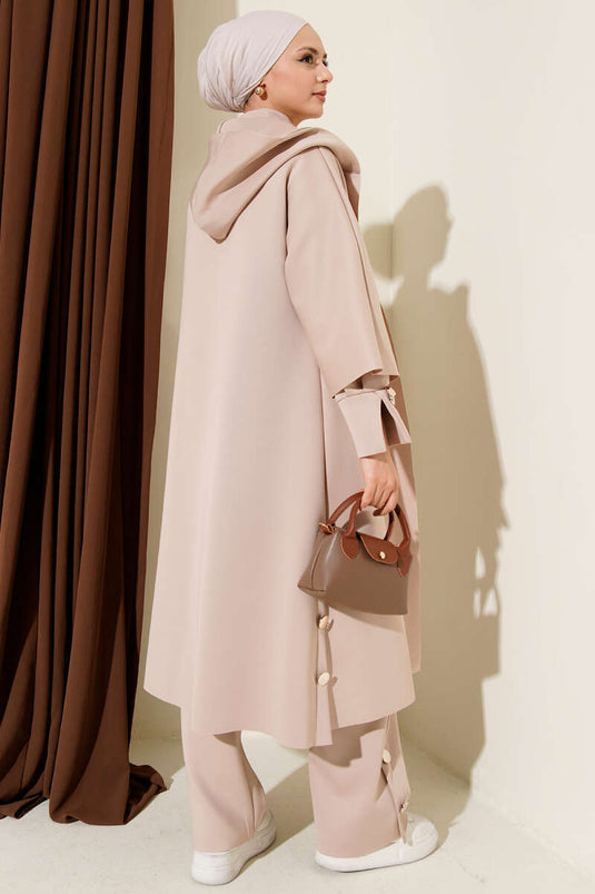 Scuba Long Cardigan Three-Piece Set Beige
