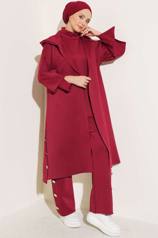 Burgundy Long Cardigan Set With Scuba And Long Sleeves