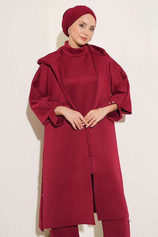 Burgundy Long Cardigan Set With Scuba And Long Sleeves