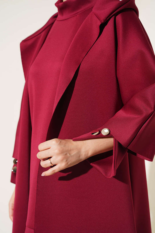 Burgundy Long Cardigan Set With Scuba And Long Sleeves