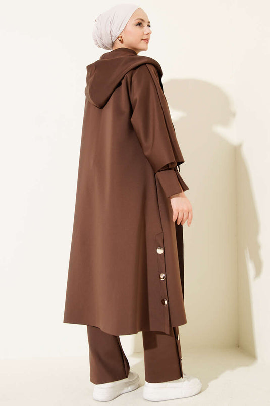 Scuba Long Cardigan Three-Piece Set Brown