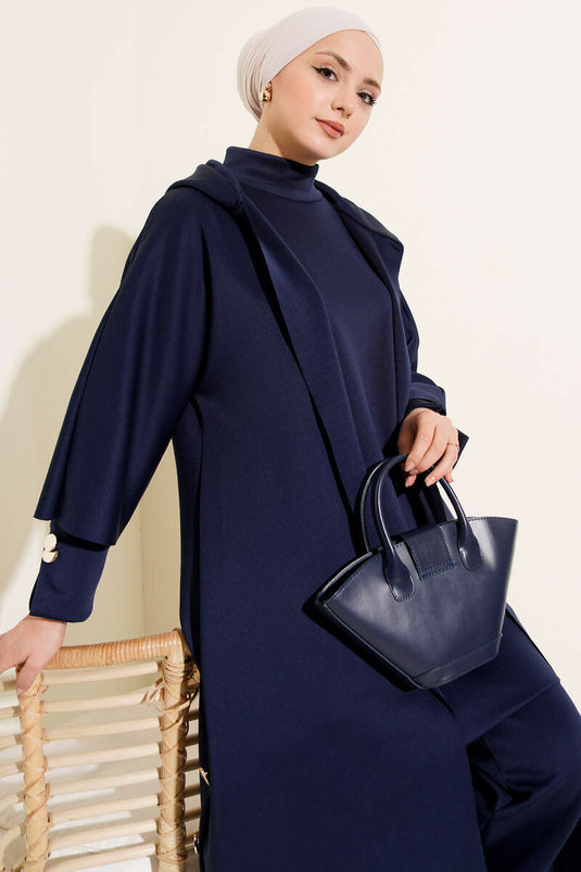 Scuba Long Cardigan Three-Piece Set Navy Blue