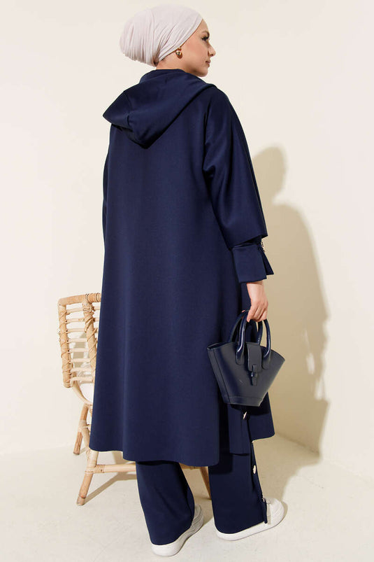 Scuba Long Cardigan Three-Piece Set Navy Blue