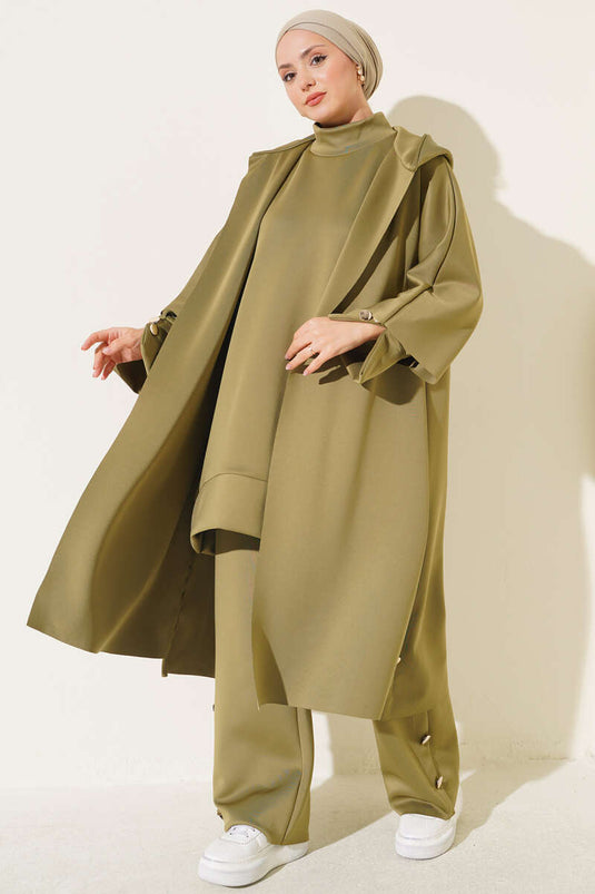 Green Long Cardigan Set With Scuba Jacket
