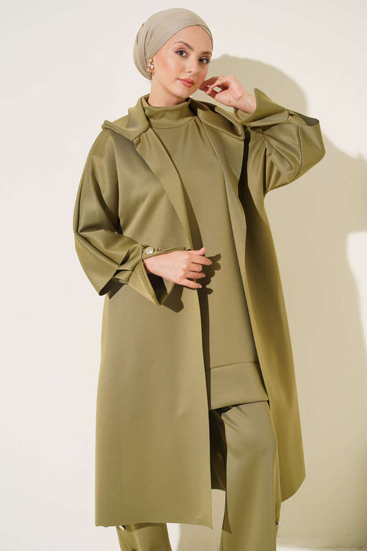 Green Long Cardigan Set With Scuba Jacket