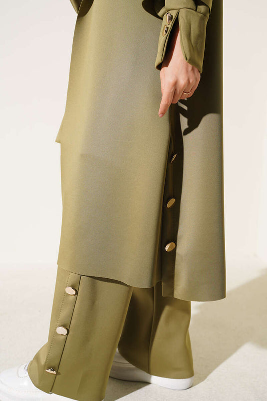 Green Long Cardigan Set With Scuba Jacket