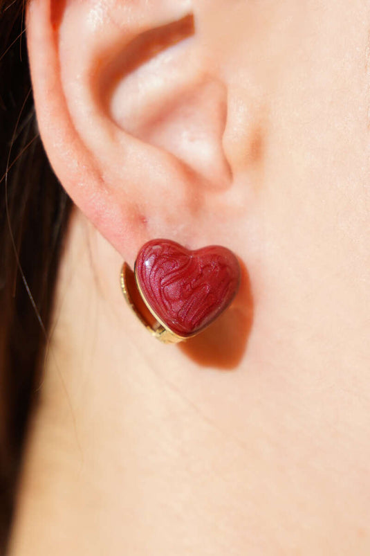 Mother-of-Pearl Filled Heart Earrings, Burgundy