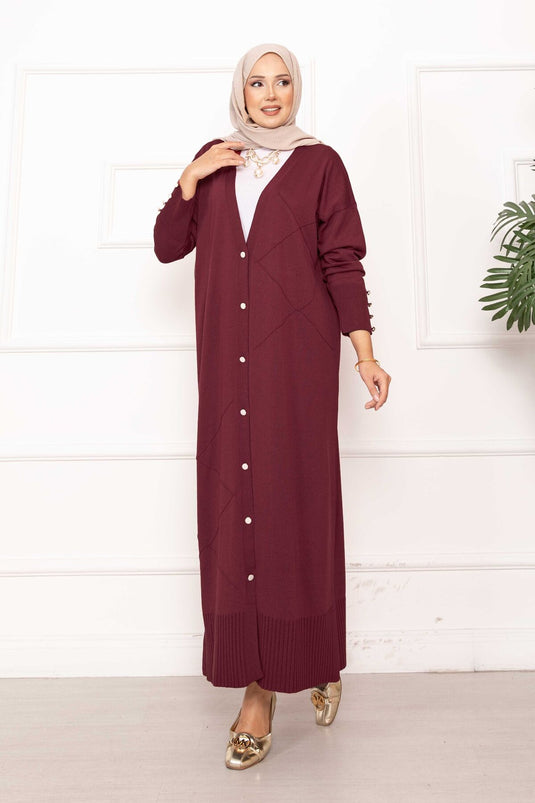 Cardigan long en maille avec boutons en perles, bordeaux