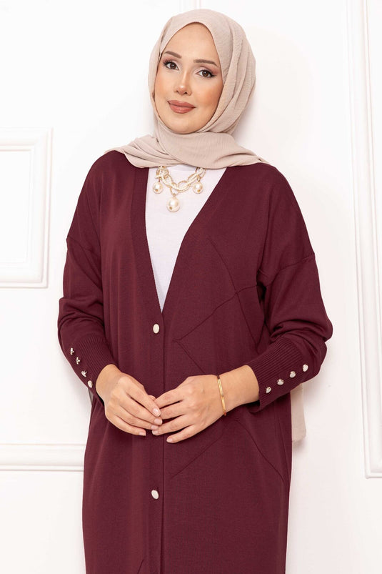 Cardigan long en maille avec boutons en perles, bordeaux