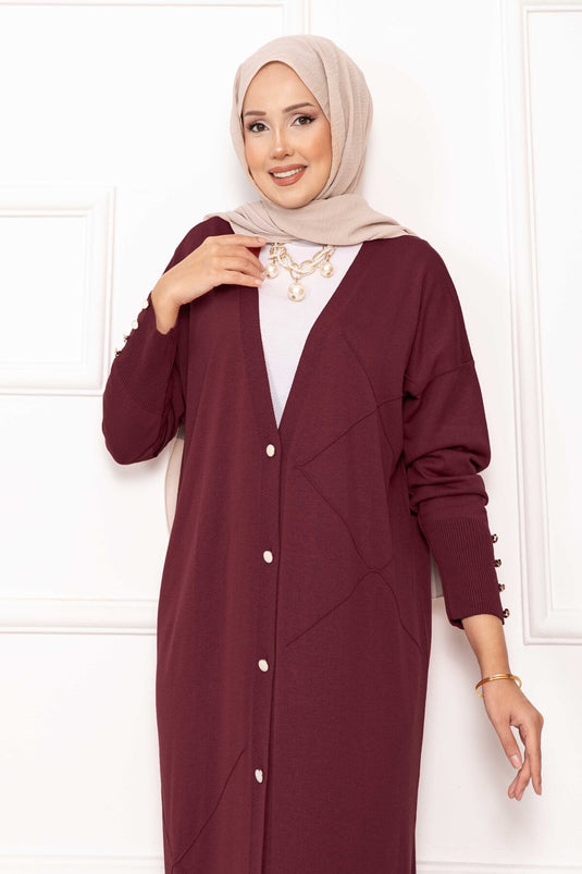 Cardigan long en maille avec boutons en perles, bordeaux
