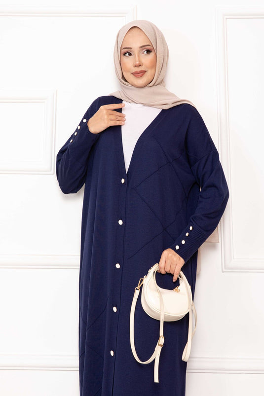 Cardigan long en maille avec boutons en perles, bleu marine