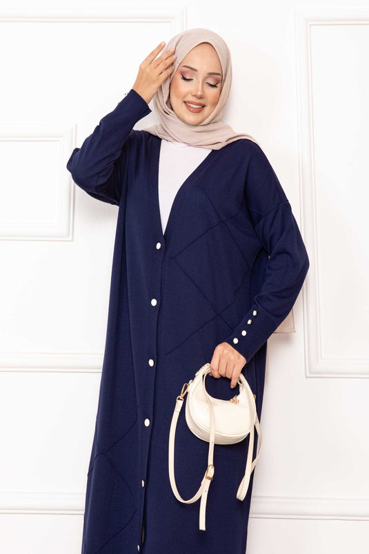 Cardigan long en maille avec boutons en perles, bleu marine