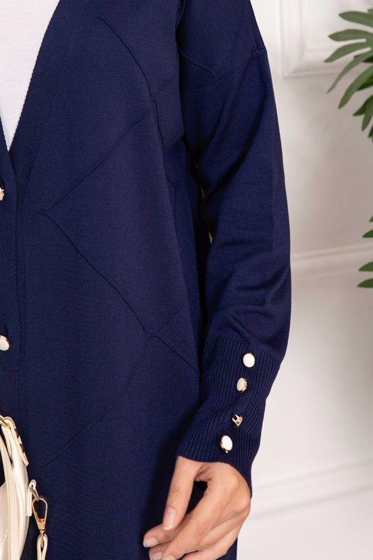 Cardigan long en maille avec boutons en perles, bleu marine