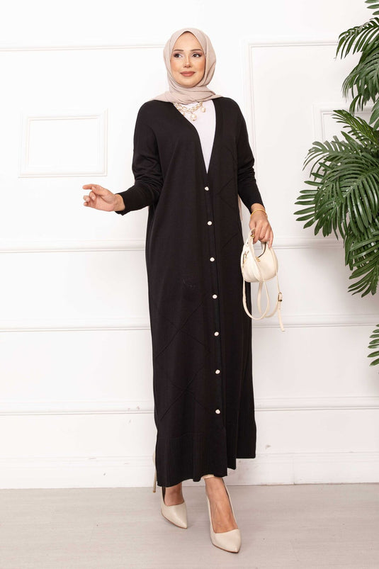 Cardigan long en maille boutonnée à perles noir