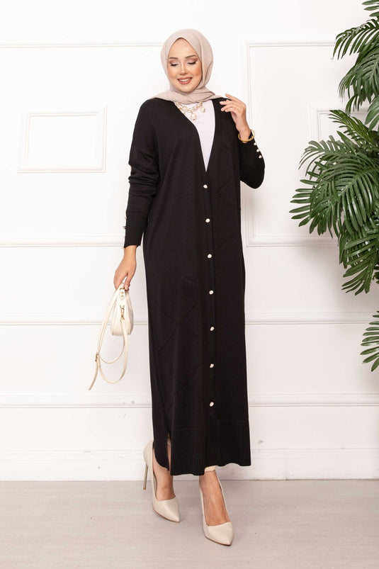 Cardigan long en maille boutonnée à perles noir