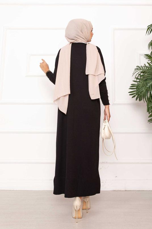 Cardigan long en maille boutonnée à perles noir