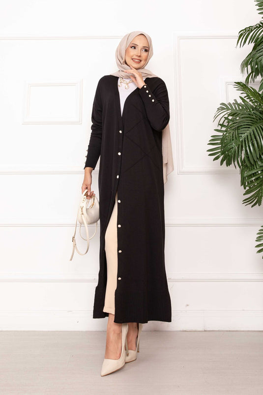 Cardigan long en maille boutonnée à perles noir