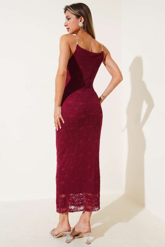 Burgundy Lace Dress with Transparent Straps