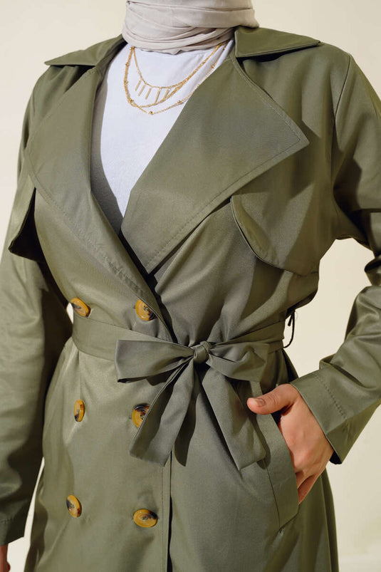 معطف ترنش بثمانية أزرار وحزام، كاكي