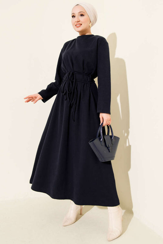 Thessaloniki Style Dress with Drawstring Detail, Navy Blue