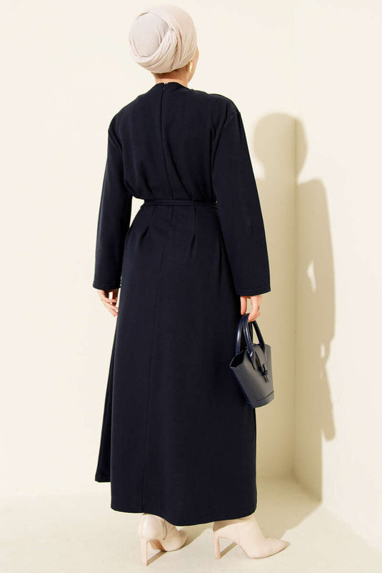 Thessaloniki Style Dress with Drawstring Detail, Navy Blue