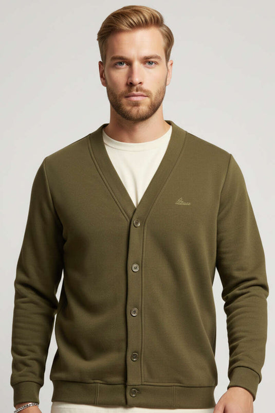 كارديجان رجالي بتصميم أزرار، لون كاكي (على طراز سالونيك)
