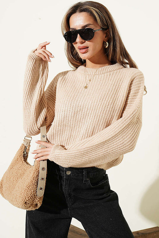 Beiger Kurzer Strickpullover Mit Selanik-Muster