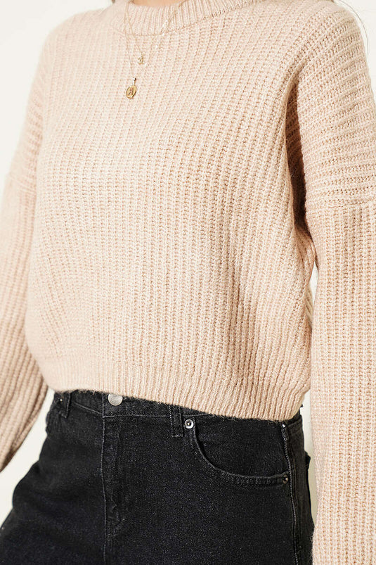 Beiger Kurzer Strickpullover Mit Selanik-Muster
