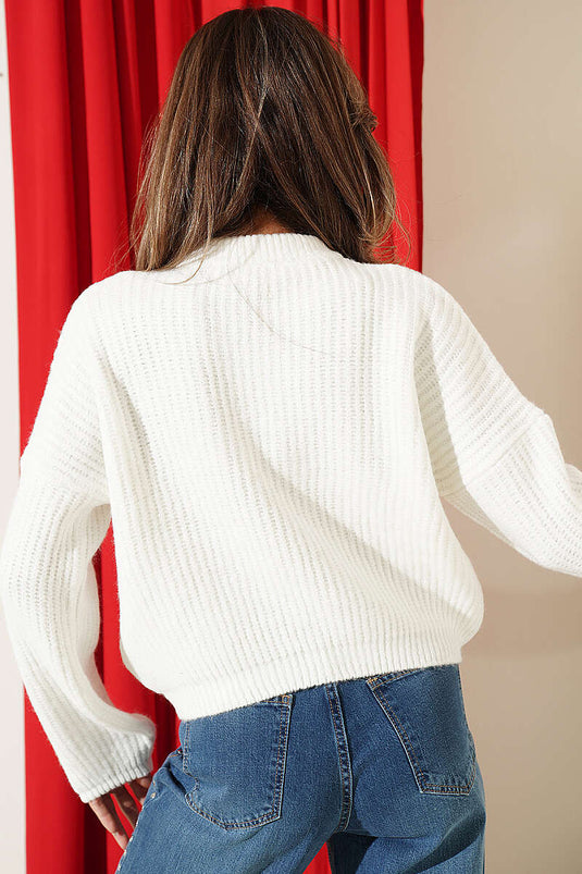 Cardigan Corto In Maglia Bianca Con Motivo Selanik