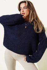 Gilet Court En Tricot Marine À Texture Rayée