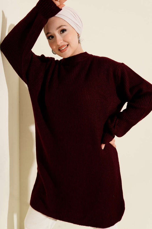 Selanik Örgü Yumoş Triko Tunik Bordo