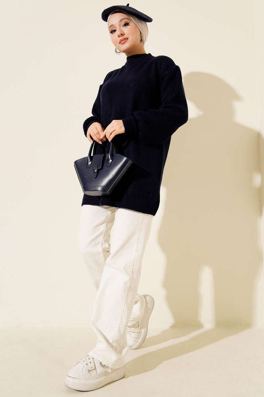 Selanik Örgü Yumoş Triko Tunik Lacivert