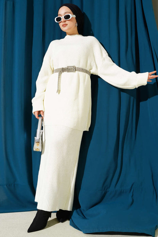 Selanik Knitted Skirted Knitwear Two Piece Set Ecru