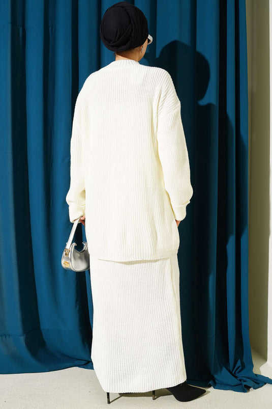 Selanik Knitted Skirted Knitwear Two Piece Set Ecru