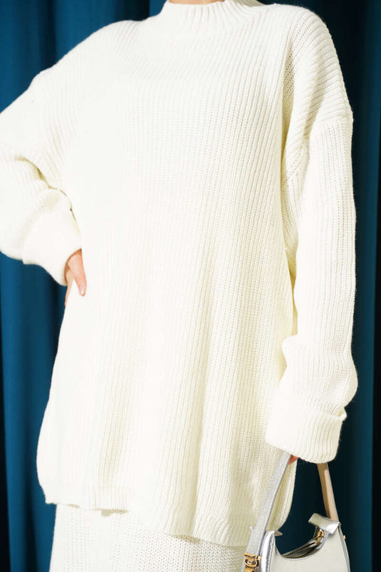 Selanik Knitted Skirted Knitwear Two Piece Set Ecru