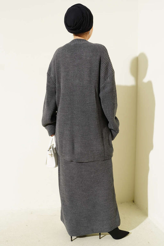 Selanik Knitted Skirted Knitwear Two Piece Set Smoke Color