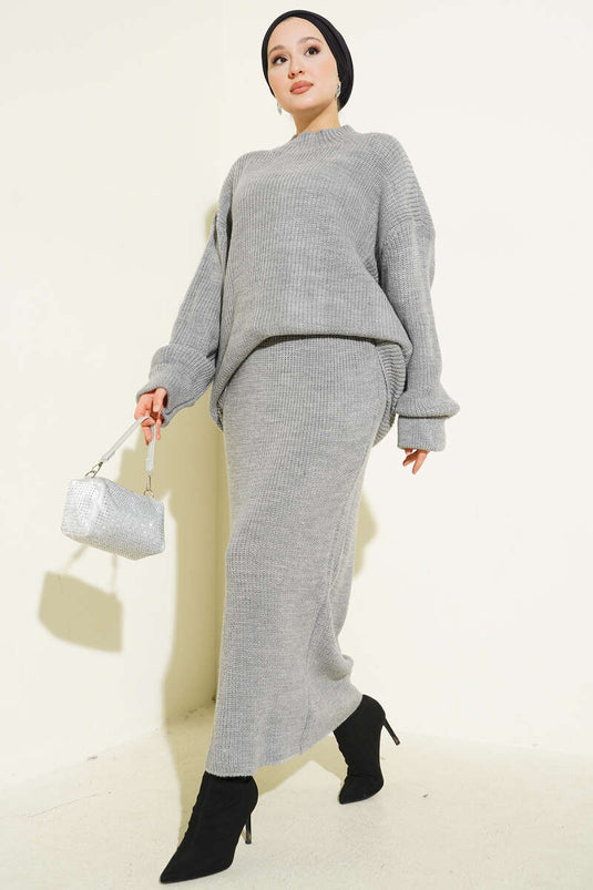 Selanik Knitted Skirted Knitwear Two Piece Set Gray