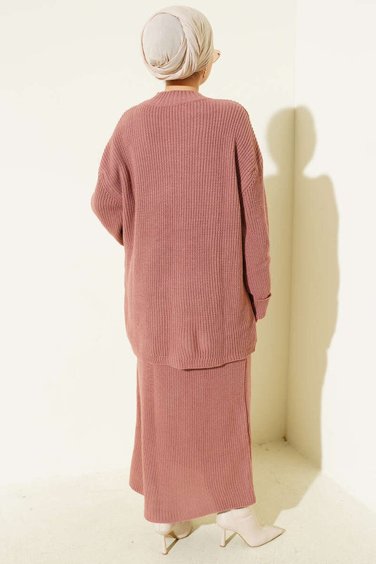 Selanik Knitted Skirted Knitwear Two Piece Set Dusty Rose