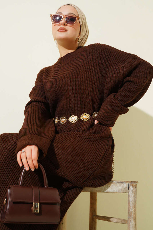 Selanik Knitted Skirted Knitwear Two Piece Set Brown
