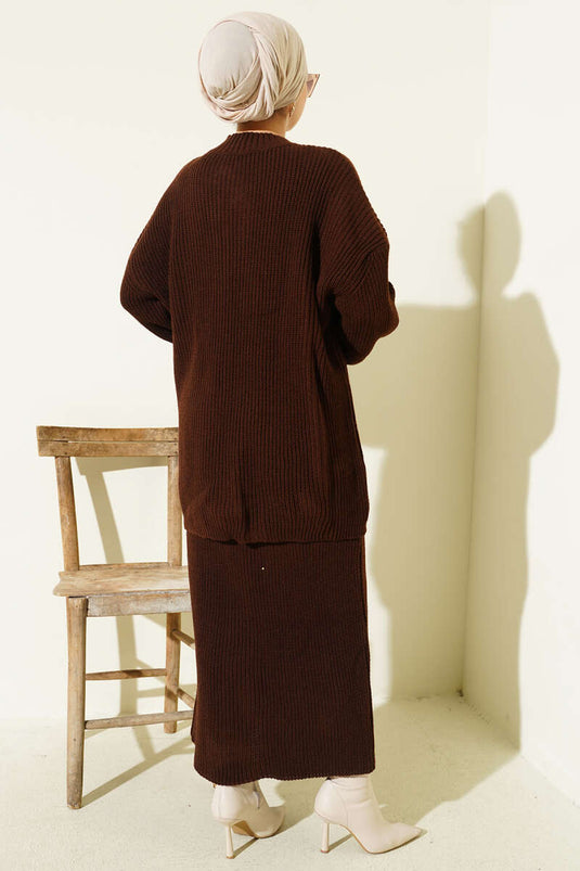 Selanik Knitted Skirted Knitwear Two Piece Set Brown