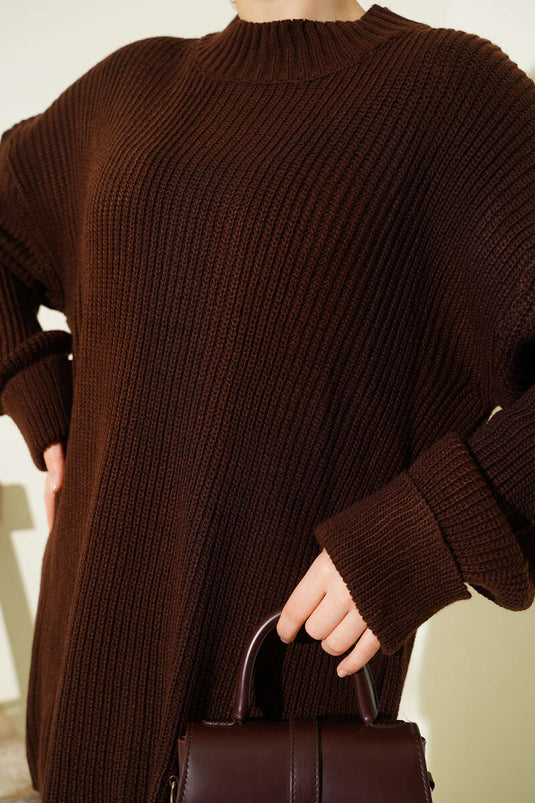 Selanik Knitted Skirted Knitwear Two Piece Set Brown