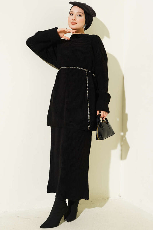 Selanik Knitted Skirted Knitwear Two Piece Set Black