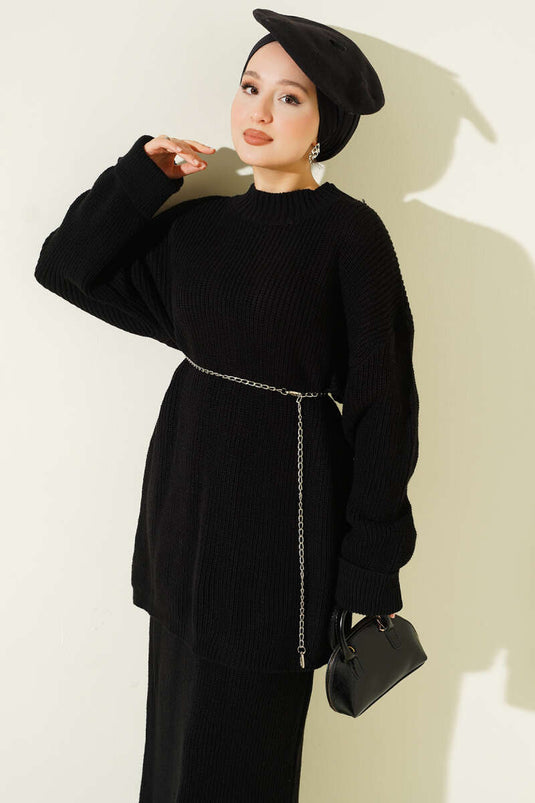 Selanik Knitted Skirted Knitwear Two Piece Set Black